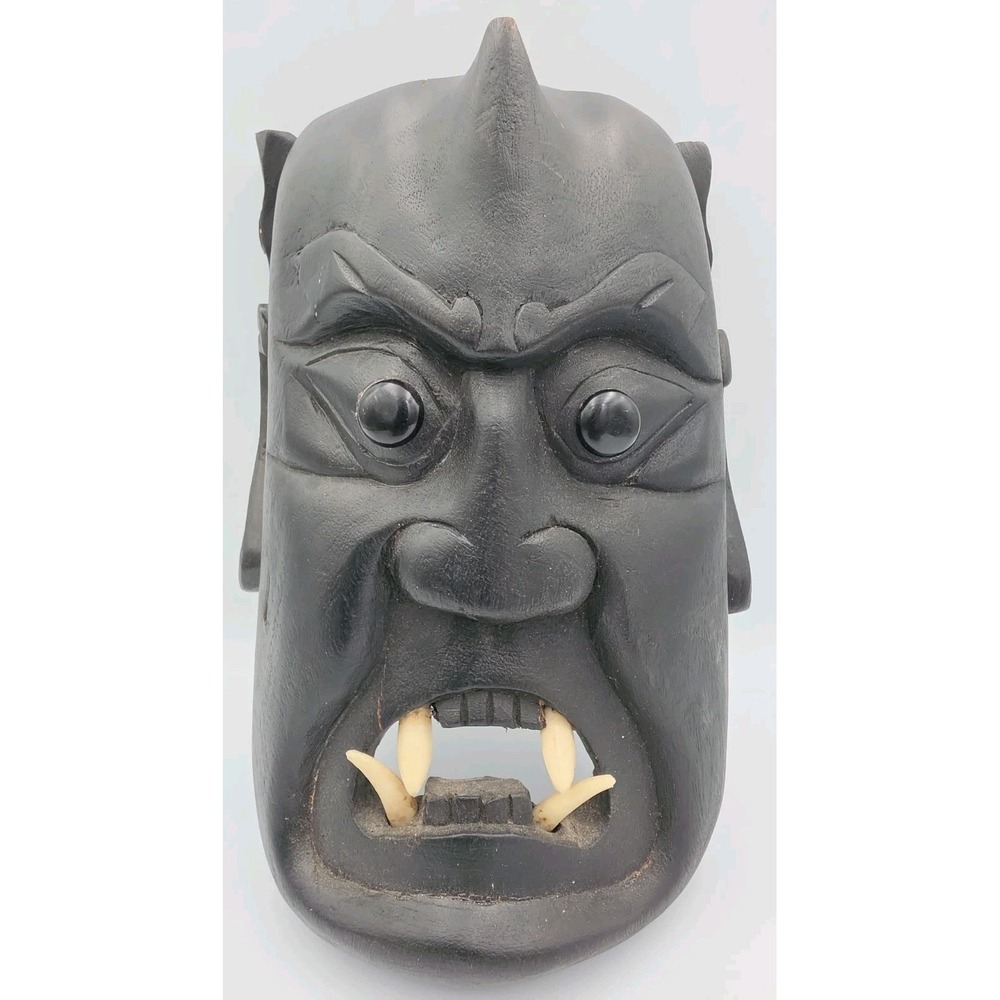 Japanese Wood Oni Mask Noh Hand Carved Kyougen Kagura Hannya Devil Black Vintage